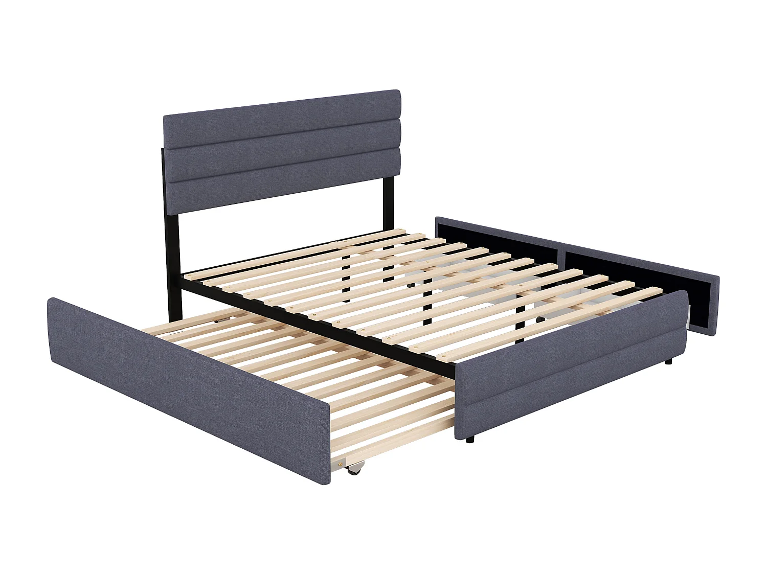 Erwachsenenbett 140 x 200 cm aus Leinenstoff – mit Ausziehbett 90 x 190 cm und 2 Schubladen – verstellbares Kopfteil – Grau