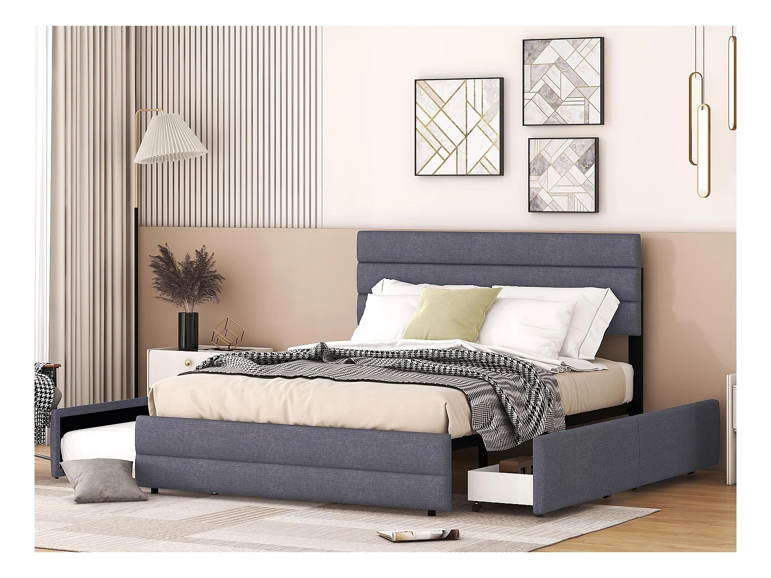 Lit adulte 140x200cm en tissu lin - avec un lit gigogne 90x190cm et 2 tiroirs - tête de lit réglable - Gris