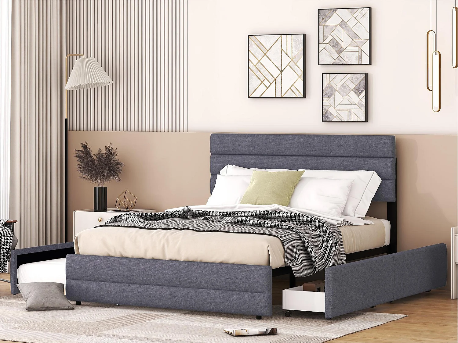 Lit adulte 140x200cm en tissu lin - avec un lit gigogne 90x190cm et 2 tiroirs - tête de lit réglable - Gris