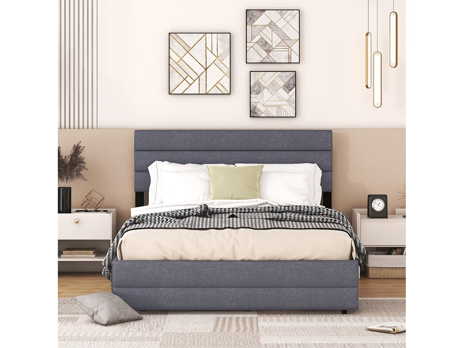 Lit adulte 140x200cm en tissu lin - avec un lit gigogne 90x190cm et 2 tiroirs - tête de lit réglable - Gris