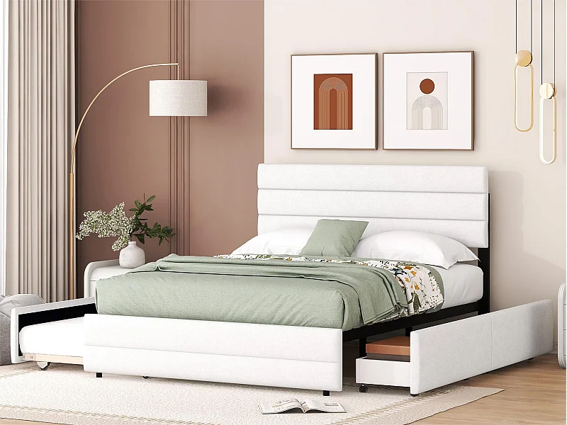 Cama de adulto 140x200 cm en tejido de lino - con cama nido 90x190 cm y 2 cajones - cabecero regulable - Blanco