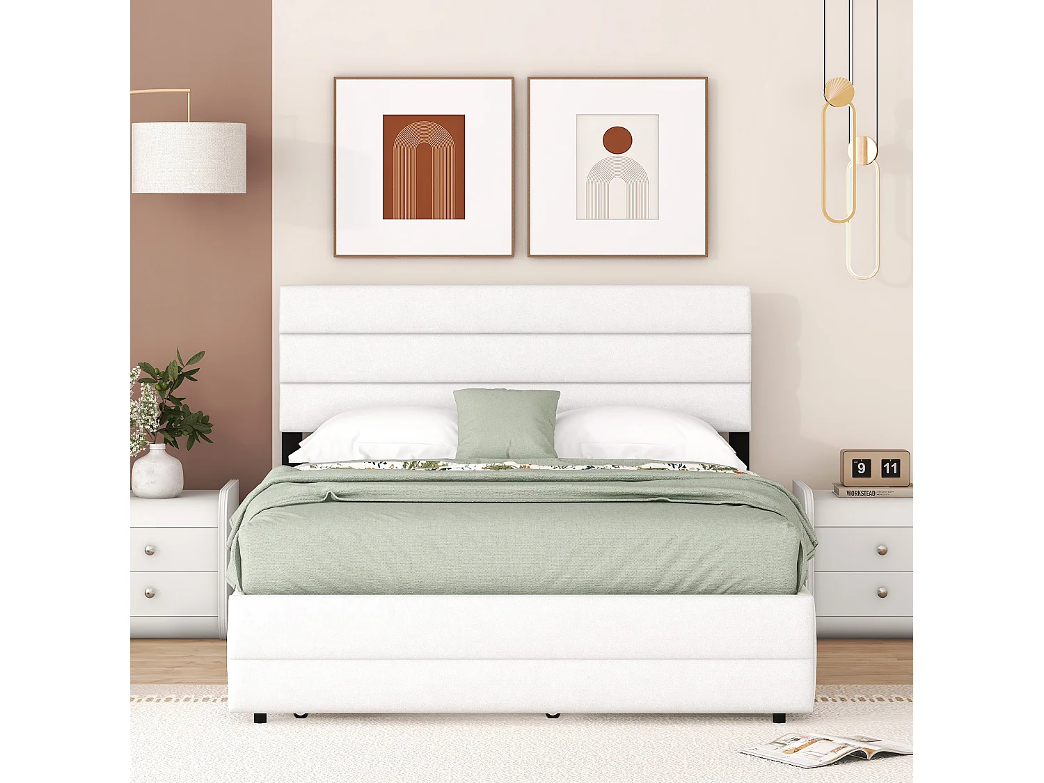 Lit adulte 140x200cm en tissu lin - avec un lit gigogne 90x190cm et 2 tiroirs - tête de lit réglable - Blanc