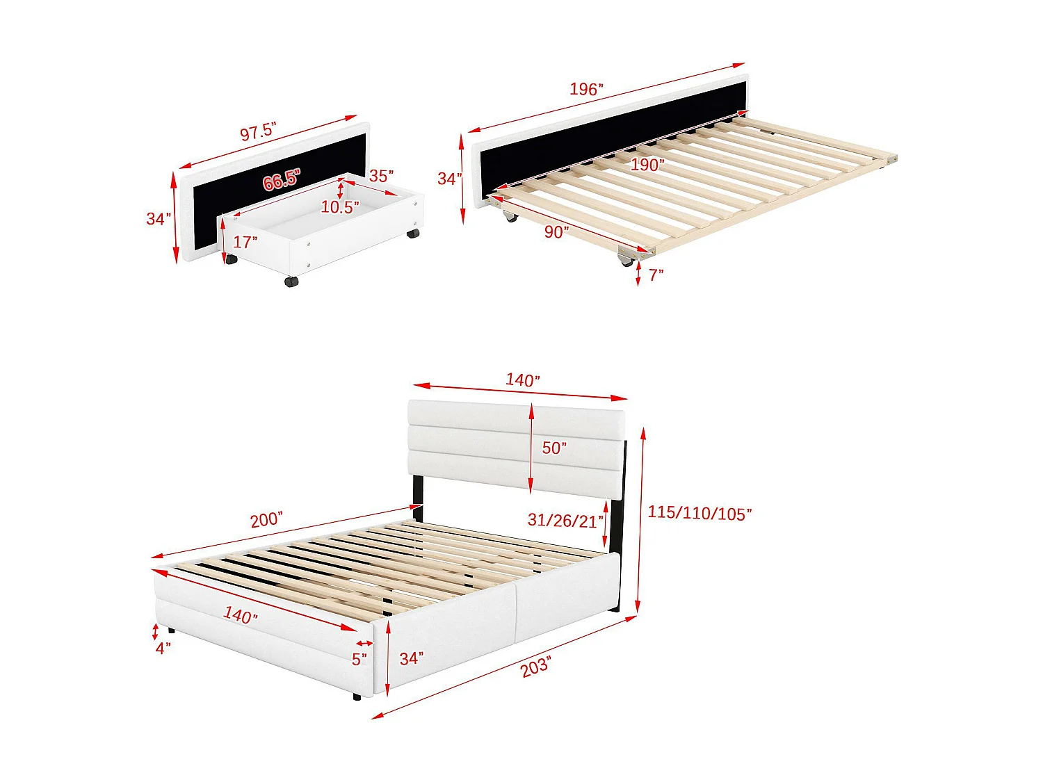 Lit adulte 140x200cm en tissu lin - avec un lit gigogne 90x190cm et 2 tiroirs - tête de lit réglable - Blanc
