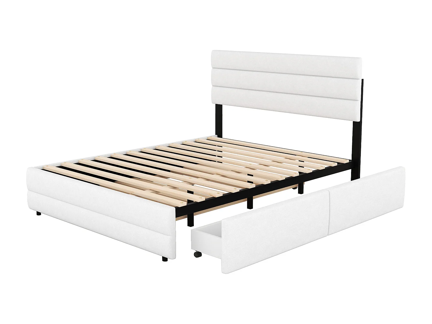 Lit adulte 140x200cm en tissu lin - avec un lit gigogne 90x190cm et 2 tiroirs - tête de lit réglable - Blanc