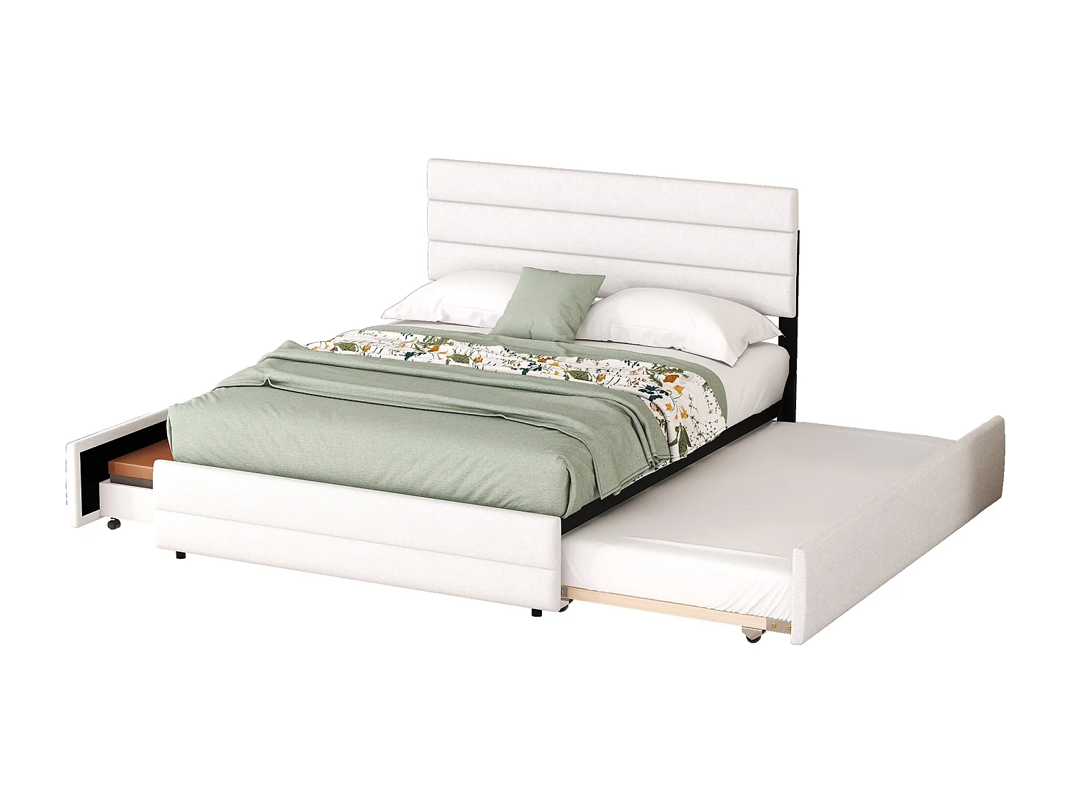 Lit adulte 140x200cm en tissu lin - avec un lit gigogne 90x190cm et 2 tiroirs - tête de lit réglable - Blanc