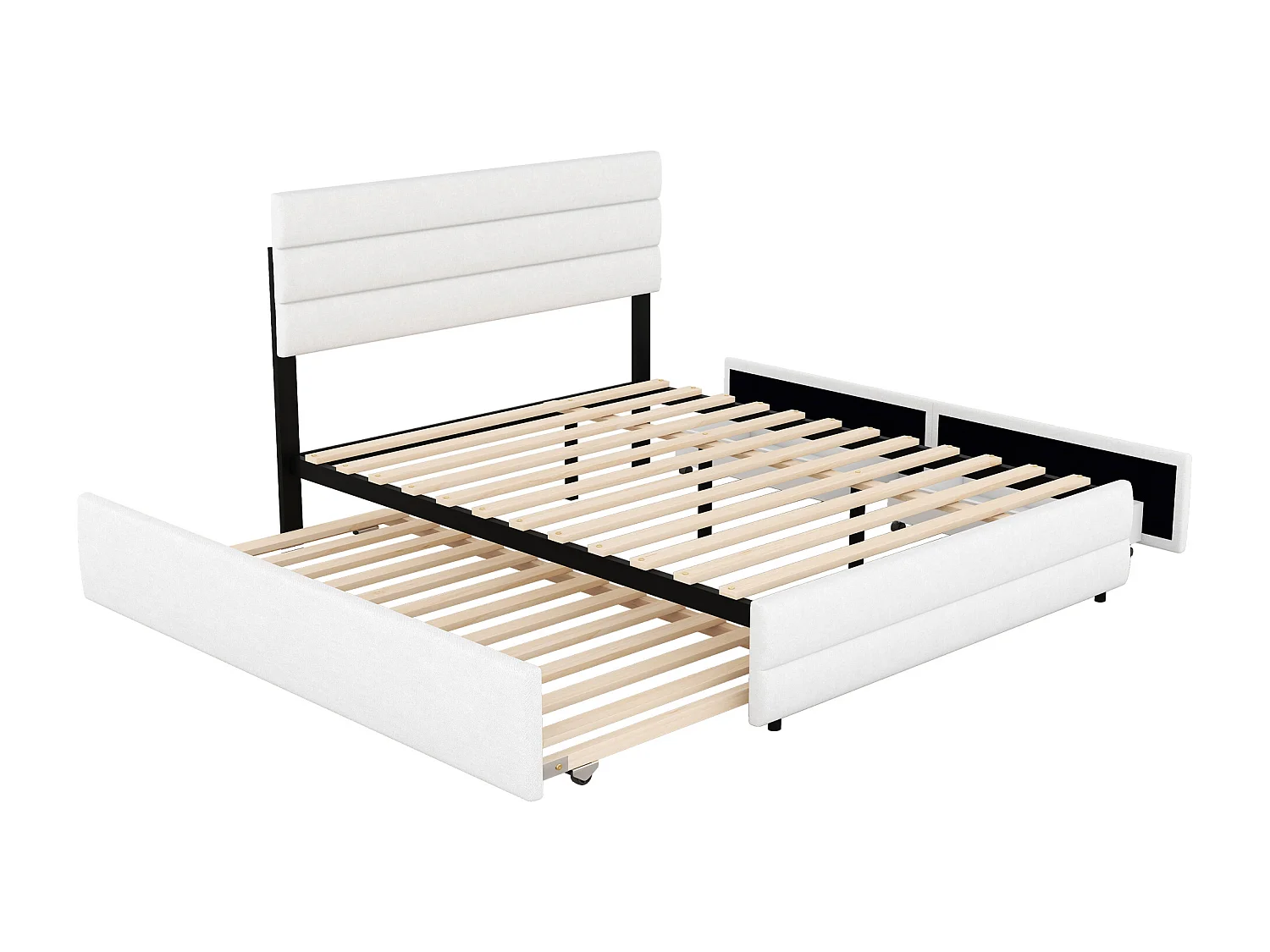 Lit adulte 140x200cm en tissu lin - avec un lit gigogne 90x190cm et 2 tiroirs - tête de lit réglable - Blanc