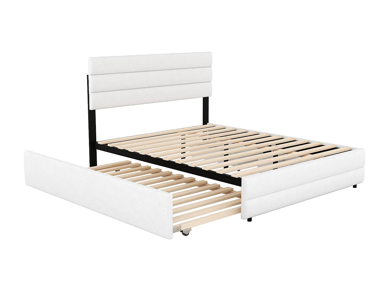 Lit adulte 140x200cm en tissu lin - avec un lit gigogne 90x190cm et 2 tiroirs - tête de lit réglable - Blanc