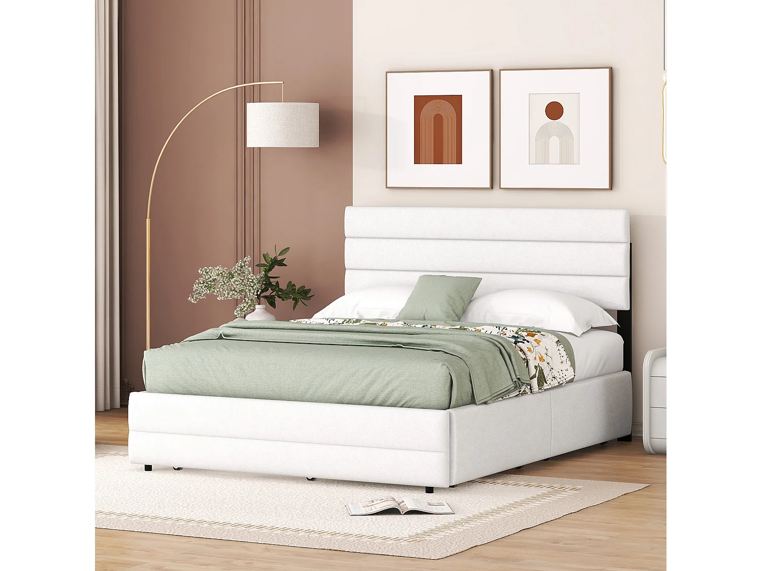 Lit adulte 140x200cm en tissu lin - avec un lit gigogne 90x190cm et 2 tiroirs - tête de lit réglable - Blanc