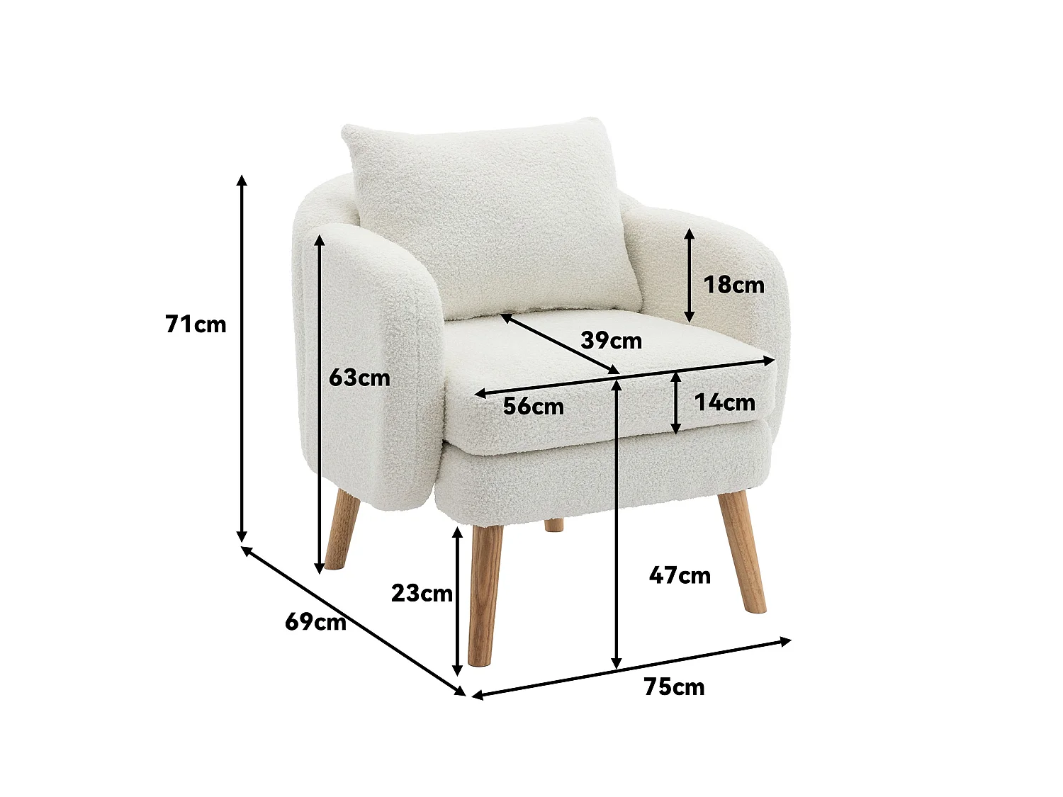 Fauteuil en tissu bouclette avec coussin épais - pieds en bois massif - blanc