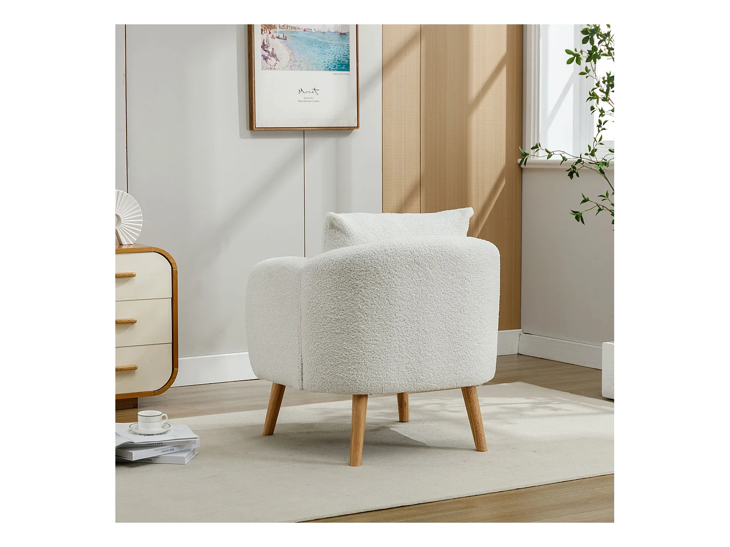 Sillón de felpa con cojín grueso - patas de madera maciza - blanco