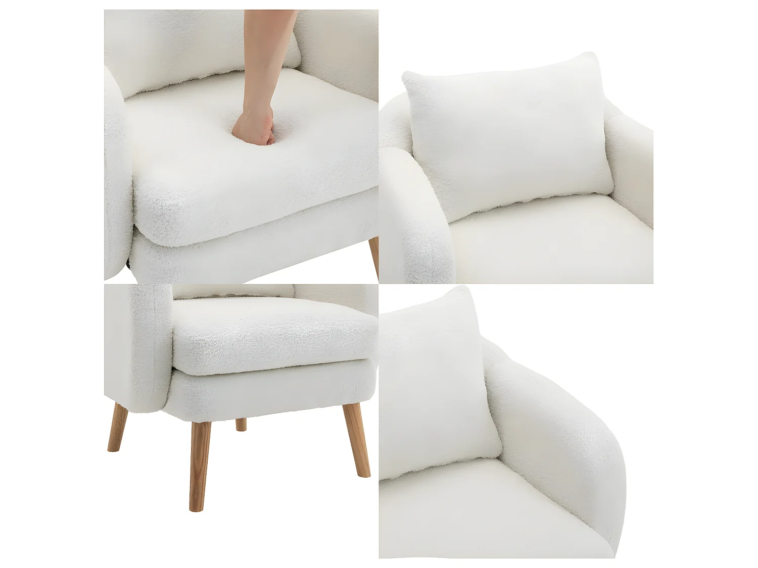 Sillón de felpa con cojín grueso - patas de madera maciza - blanco