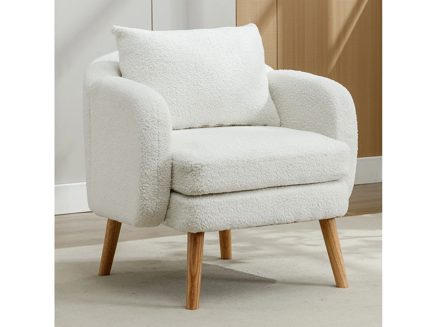 Fauteuil en tissu bouclette avec coussin épais - pieds en bois massif - blanc