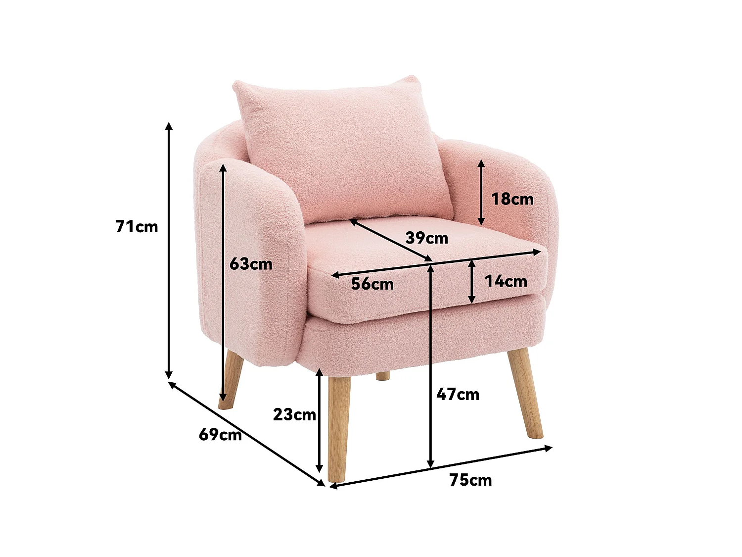 Frottee-Sessel mit dickem Kissen – Beine aus Massivholz – Rosa