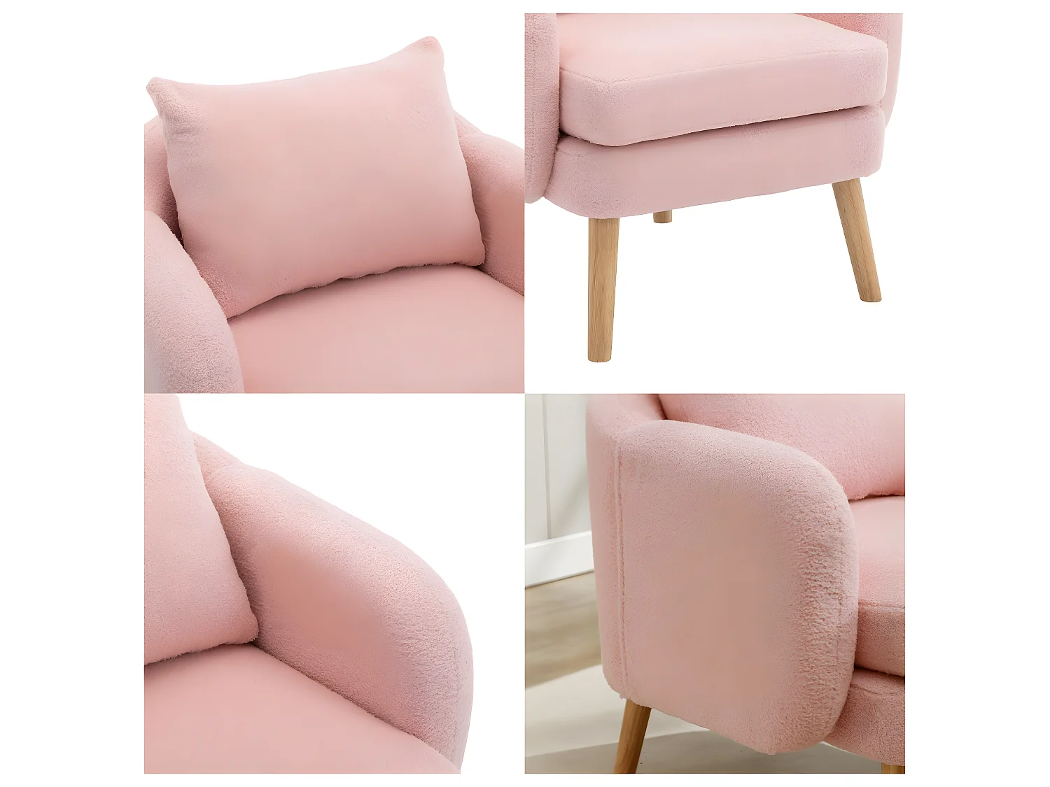 Sillón de felpa con cojín grueso - patas de madera maciza - rosa