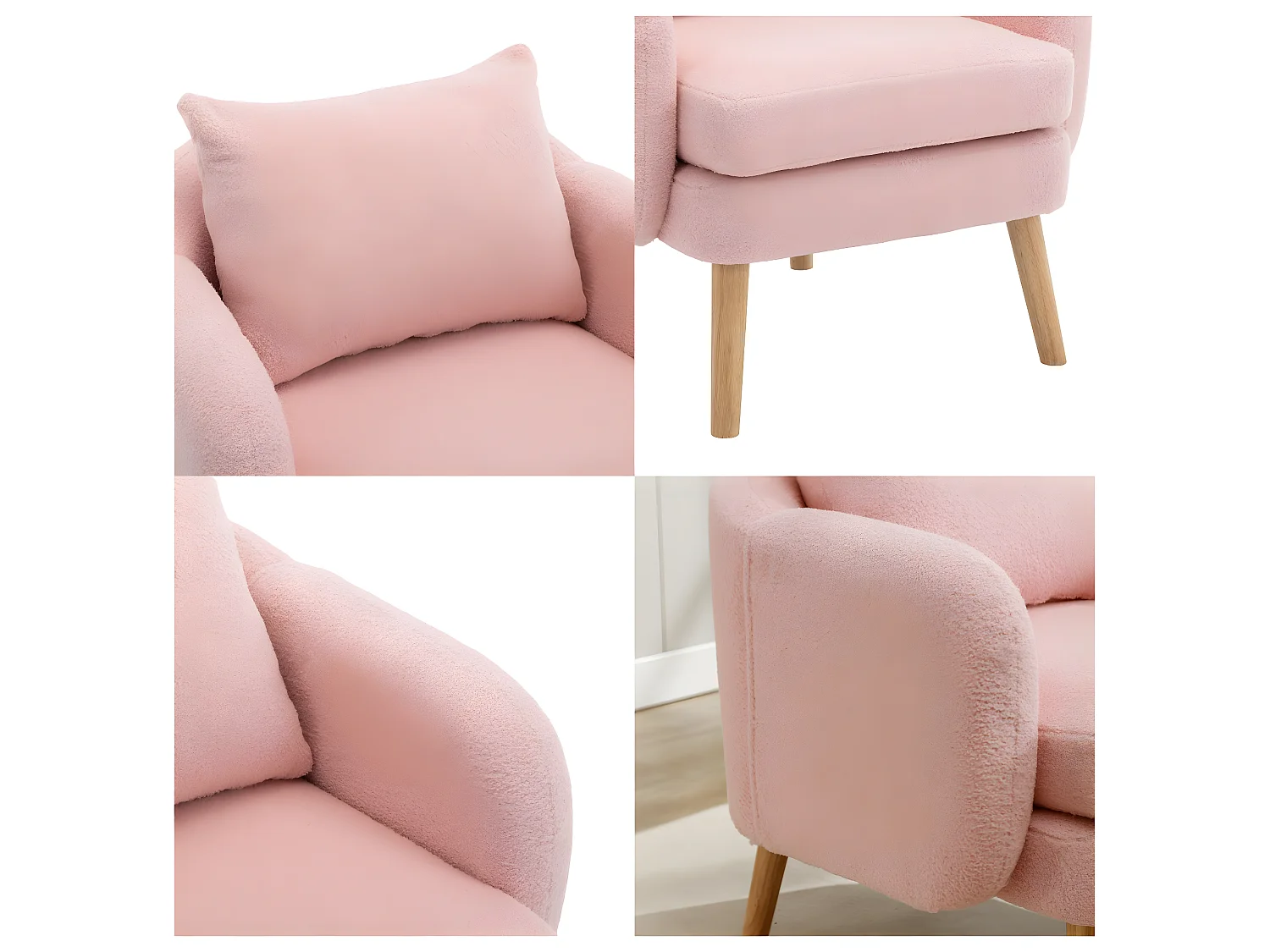 Fauteuil en tissu bouclette avec coussin épais - pieds en bois massif - rose