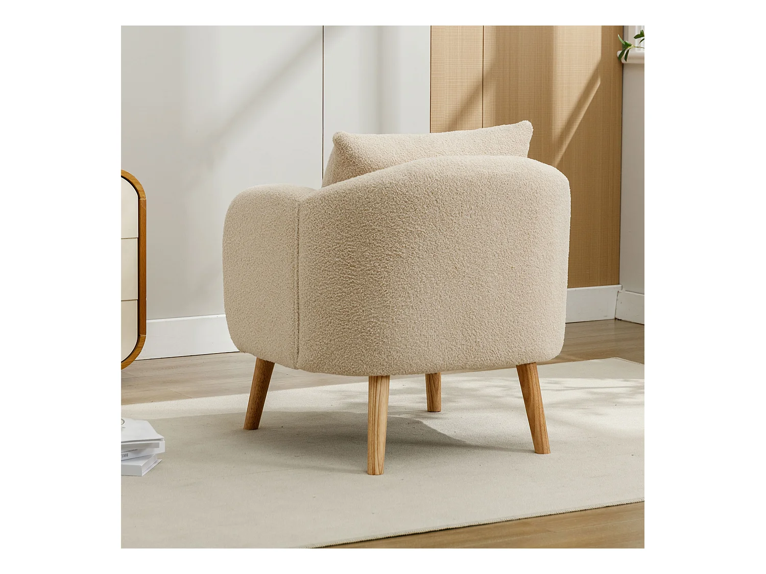Sillón de tejido de rizo francés con cojín grueso - patas de madera maciza - beige