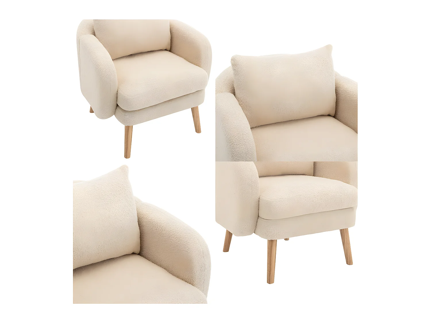 Sillón de tejido de rizo francés con cojín grueso - patas de madera maciza - beige