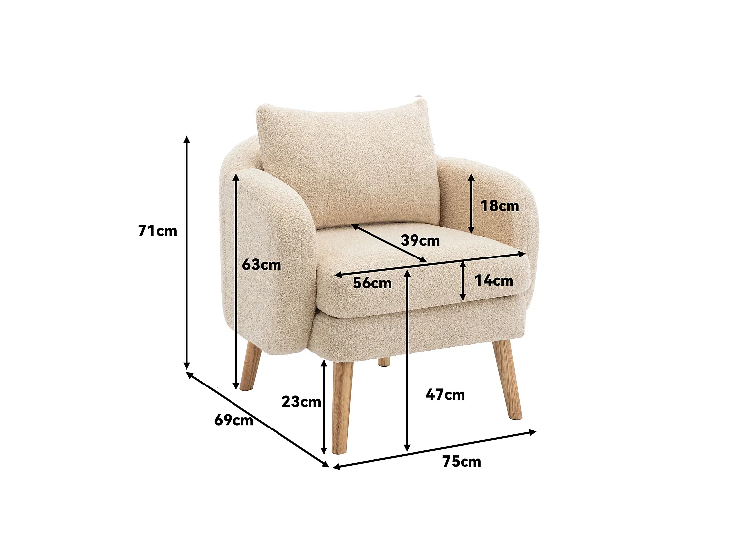 Sillón de tejido de rizo francés con cojín grueso - patas de madera maciza - beige