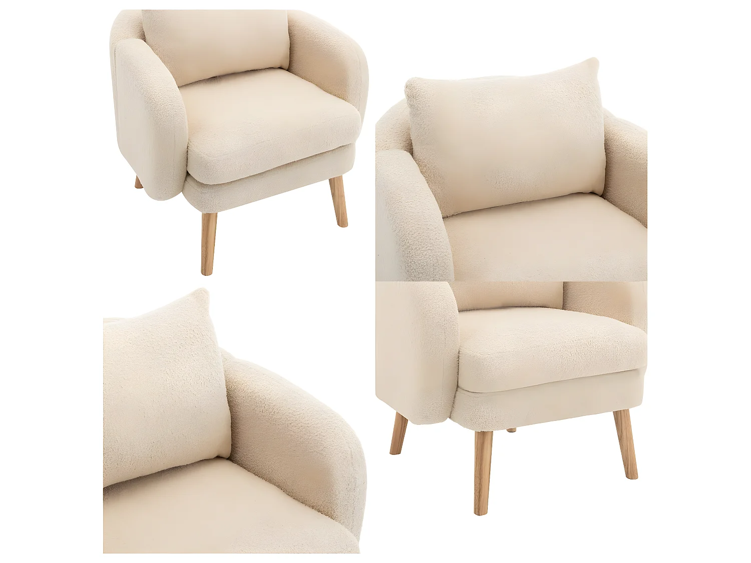 Fauteuil en tissu bouclette avec coussin épais - pieds en bois massif - beige