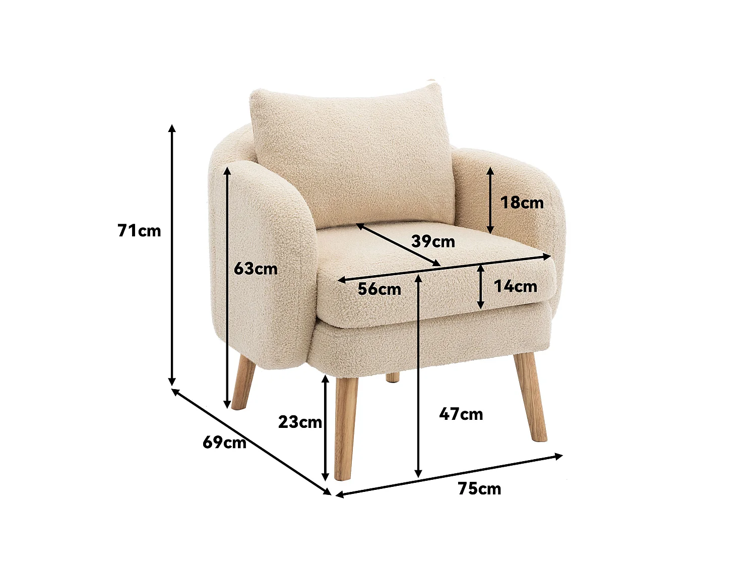 Fauteuil en tissu bouclette avec coussin épais - pieds en bois massif - beige
