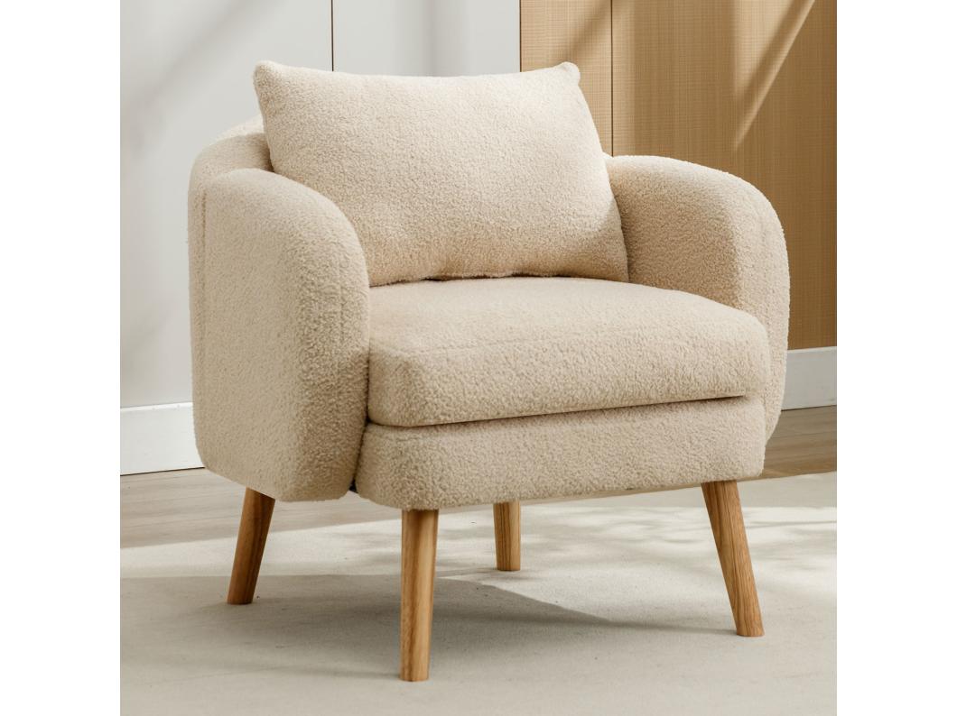 Fauteuil in French Terry stof met dik kussen - massief houten poten - beige