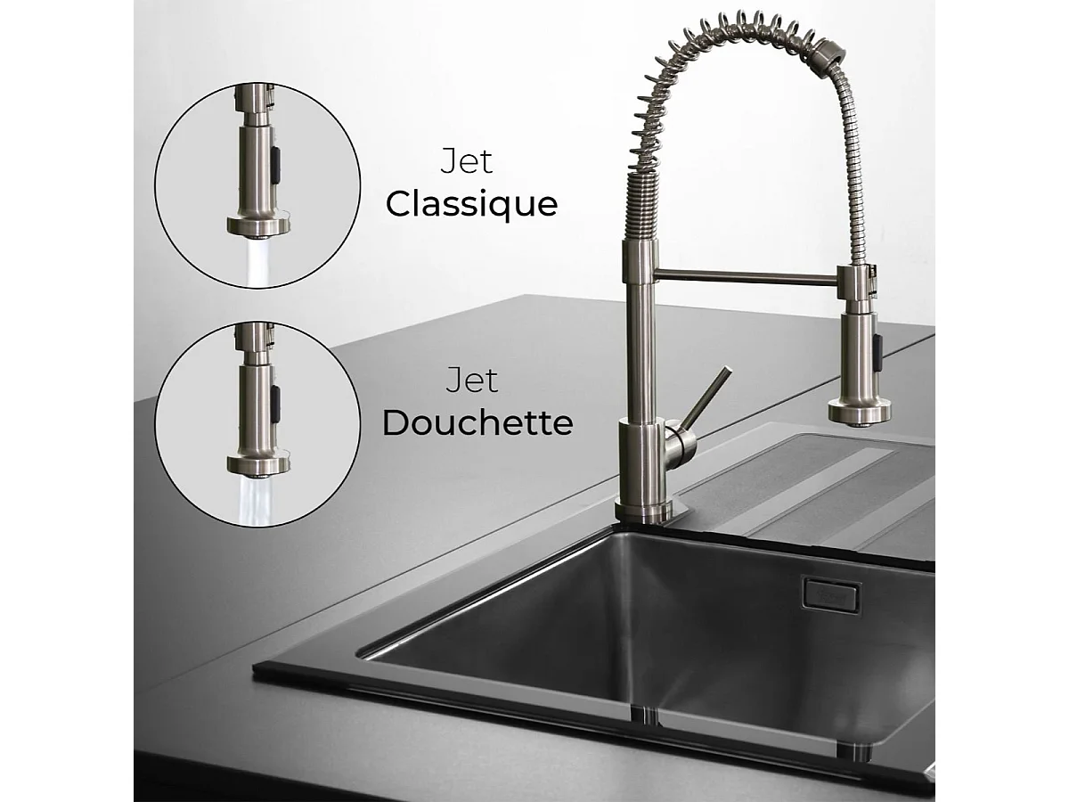 Plimo mitigeur évier à douchette mobile façon inox - Essebagno