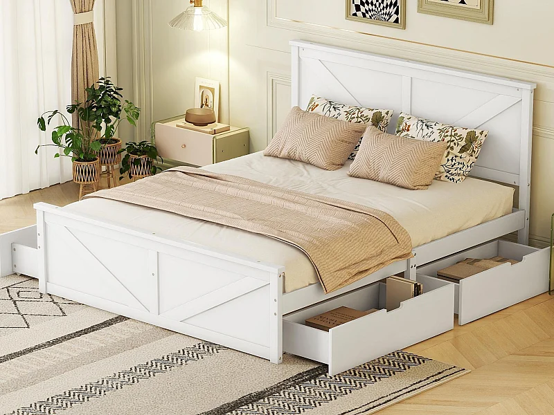 Lit adulte 160x200cm - avec 4 tiroirs - en bois massif - Blanc