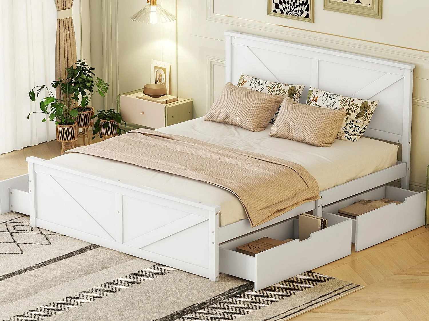 Lit adulte 160x200cm - avec 4 tiroirs - en bois massif - Blanc