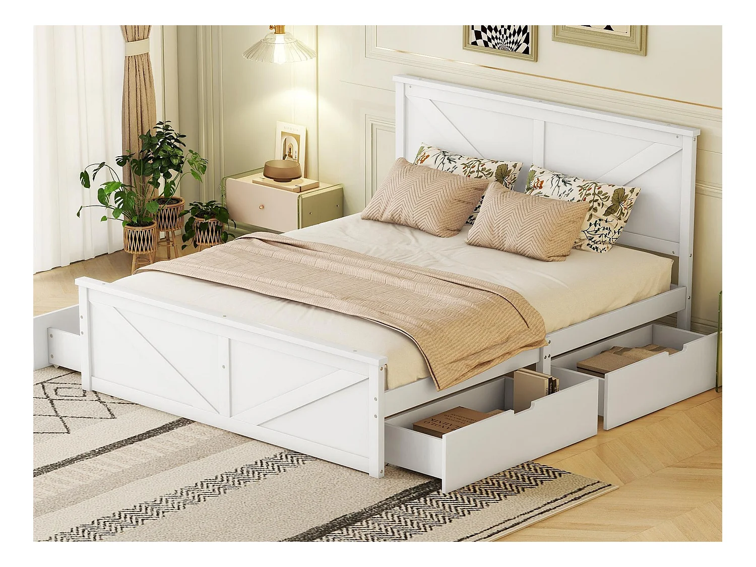 Lit adulte 160x200cm - avec 4 tiroirs - en bois massif - Blanc