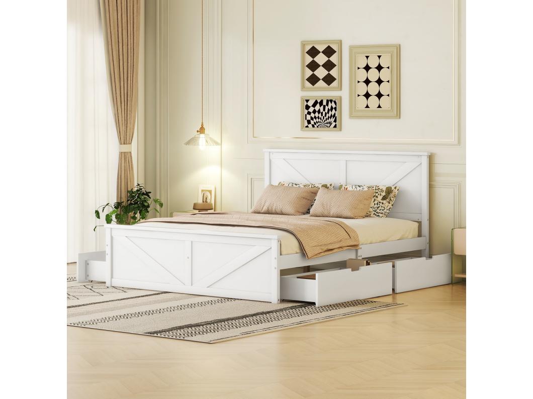 Volwassen bed 160x200cm - met 4 lades - massief hout - Wit