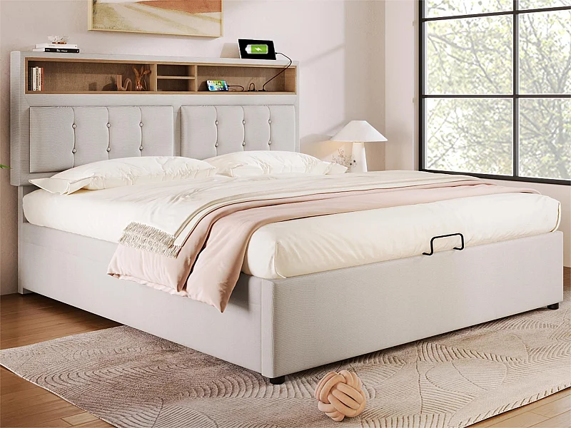 Letto contenitore 140x200 cm in tessuto di lino - testiera regolabile con prese - con rete a doghe - Beige