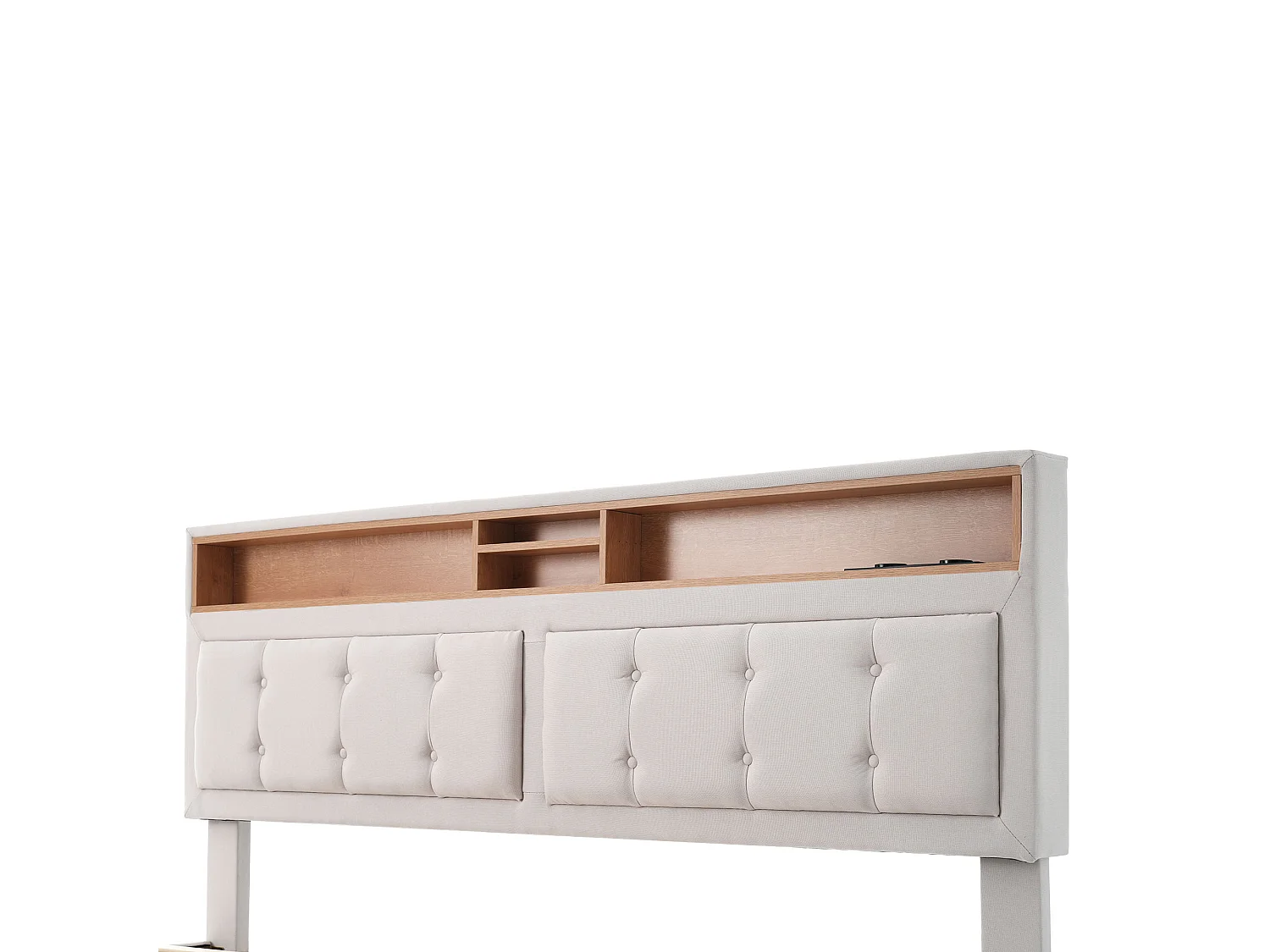 Lit coffre 140x200 cm en tissu lin - tête de lit réglable avec prises - avec sommier à lattes - Beige