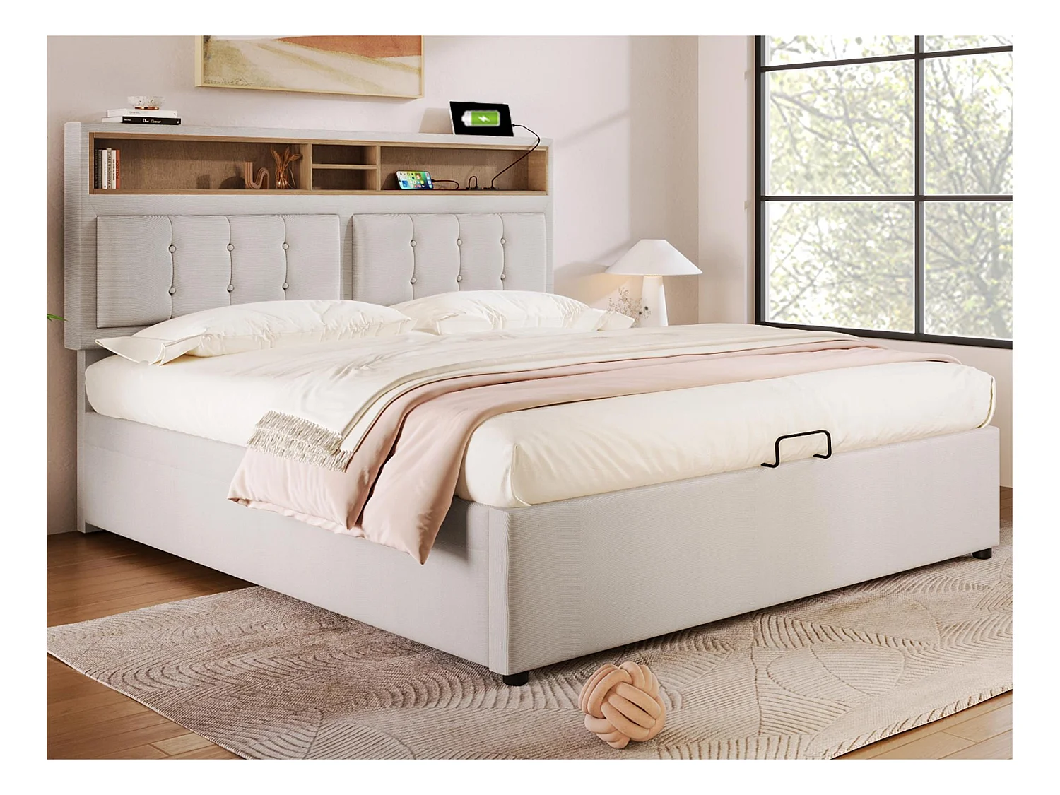 Lit coffre 140x200 cm en tissu lin - tête de lit réglable avec prises - avec sommier à lattes - Beige