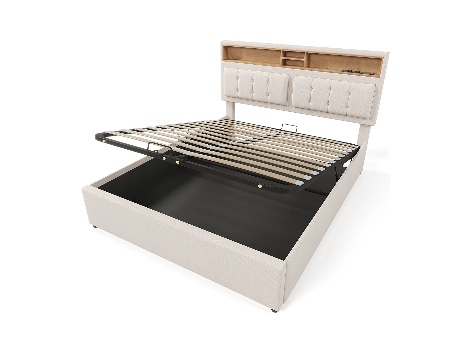 Lit coffre 140x200 cm en tissu lin - tête de lit réglable avec prises - avec sommier à lattes - Beige