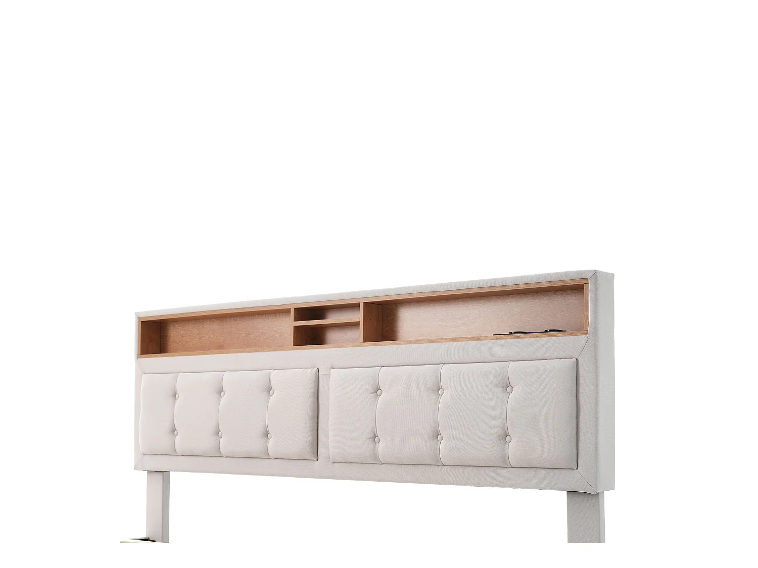 Lit coffre 140x200 cm en tissu lin - tête de lit réglable avec prises - avec sommier à lattes - Beige