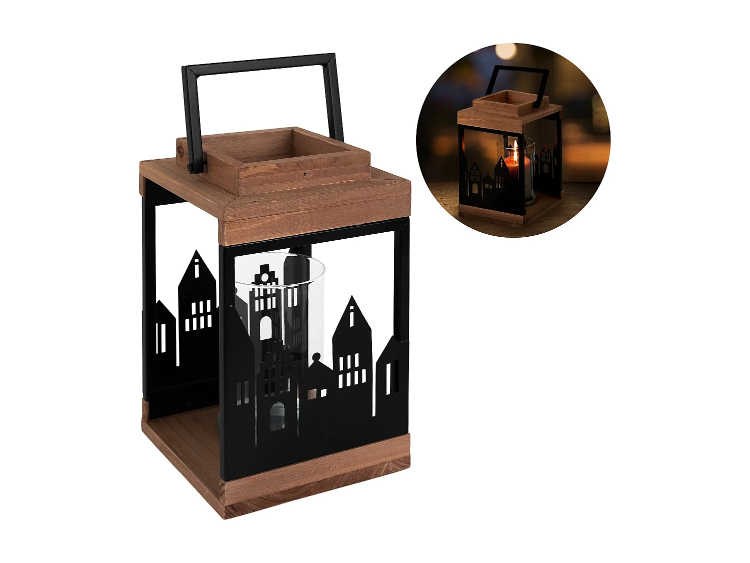Lanterne décoration en bois bougeoir métal verre intérieur/extérieur 22 cm haut