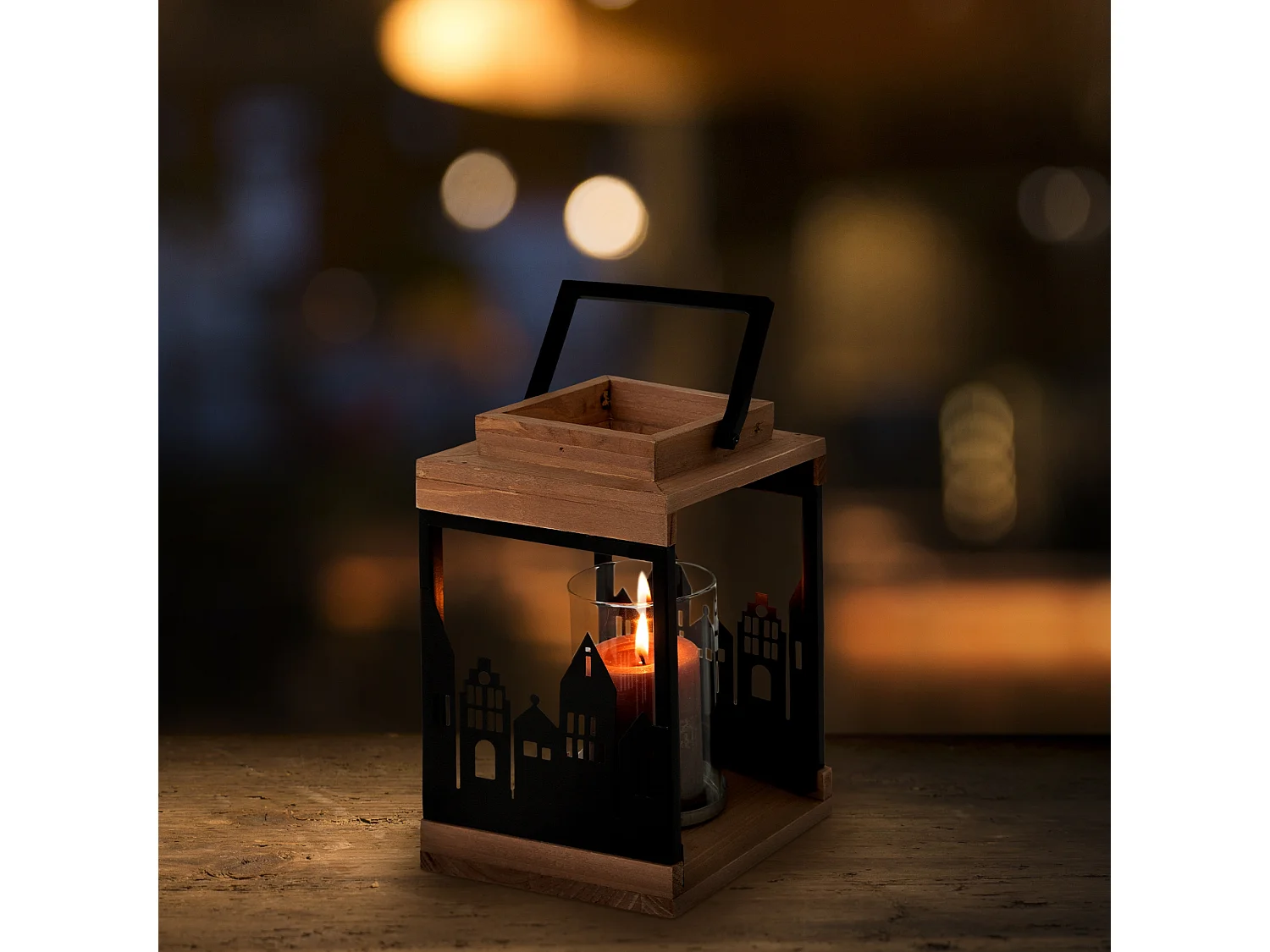 Lanterne décoration en bois bougeoir métal verre intérieur/extérieur 22 cm haut