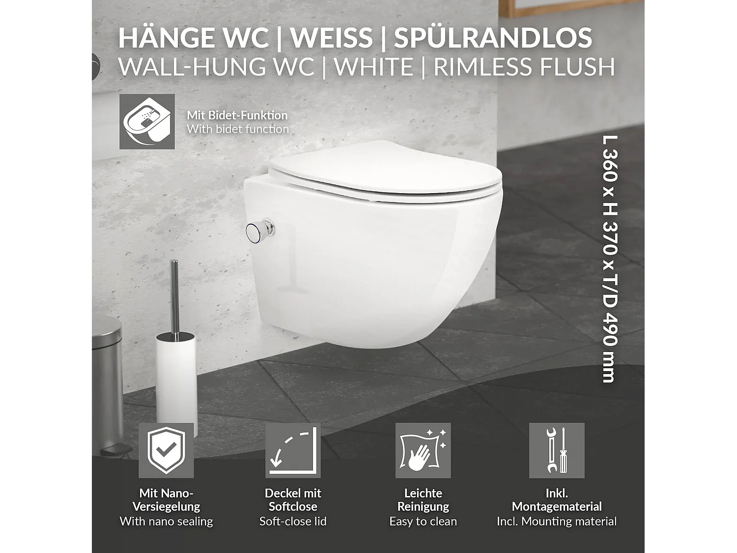 WC senza bordo WC sospeso Softclose Nano-rivestimento Coperchio corto Funzione b