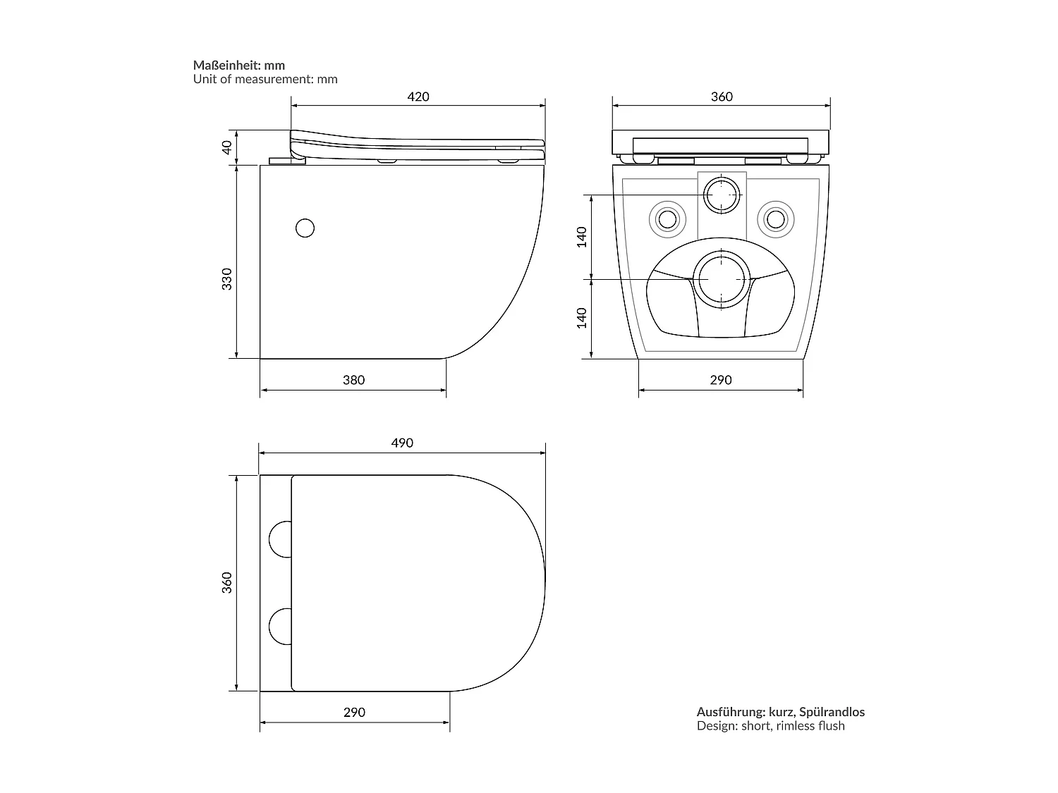 WC senza bordo WC sospeso Softclose Nano-rivestimento Coperchio corto Funzione b