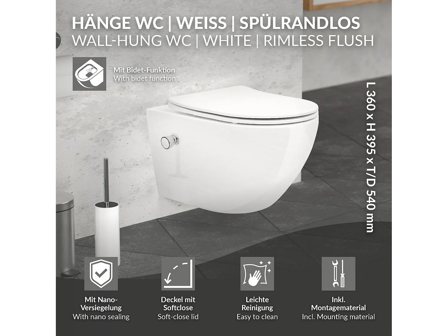 ECD Germany WC Suspendu sans Bride, Long 54 cm, Blanc, avec Fonction Bidet, Revêtement Nano, en Céramique, Abattant WC, Fermeture en Douceur, Chasse d'Eau