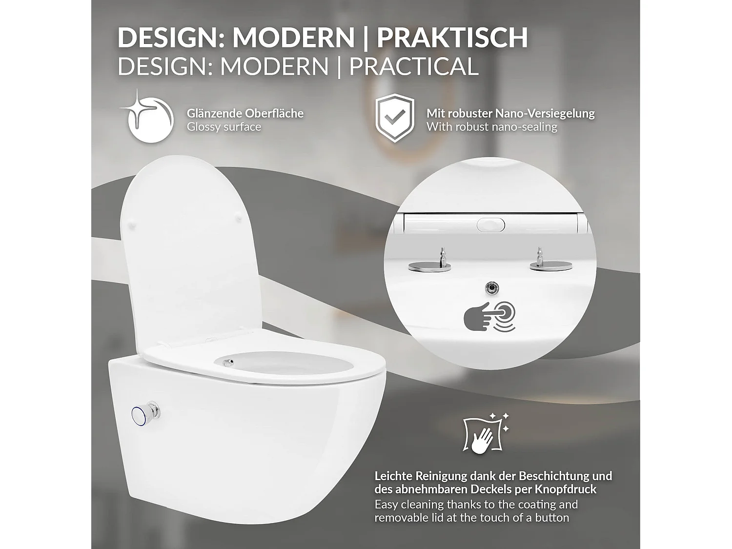 ECD Germany WC Suspendu sans Bride, Long 54 cm, Blanc, avec Fonction Bidet, Revêtement Nano, en Céramique, Abattant WC, Fermeture en Douceur, Chasse d'Eau