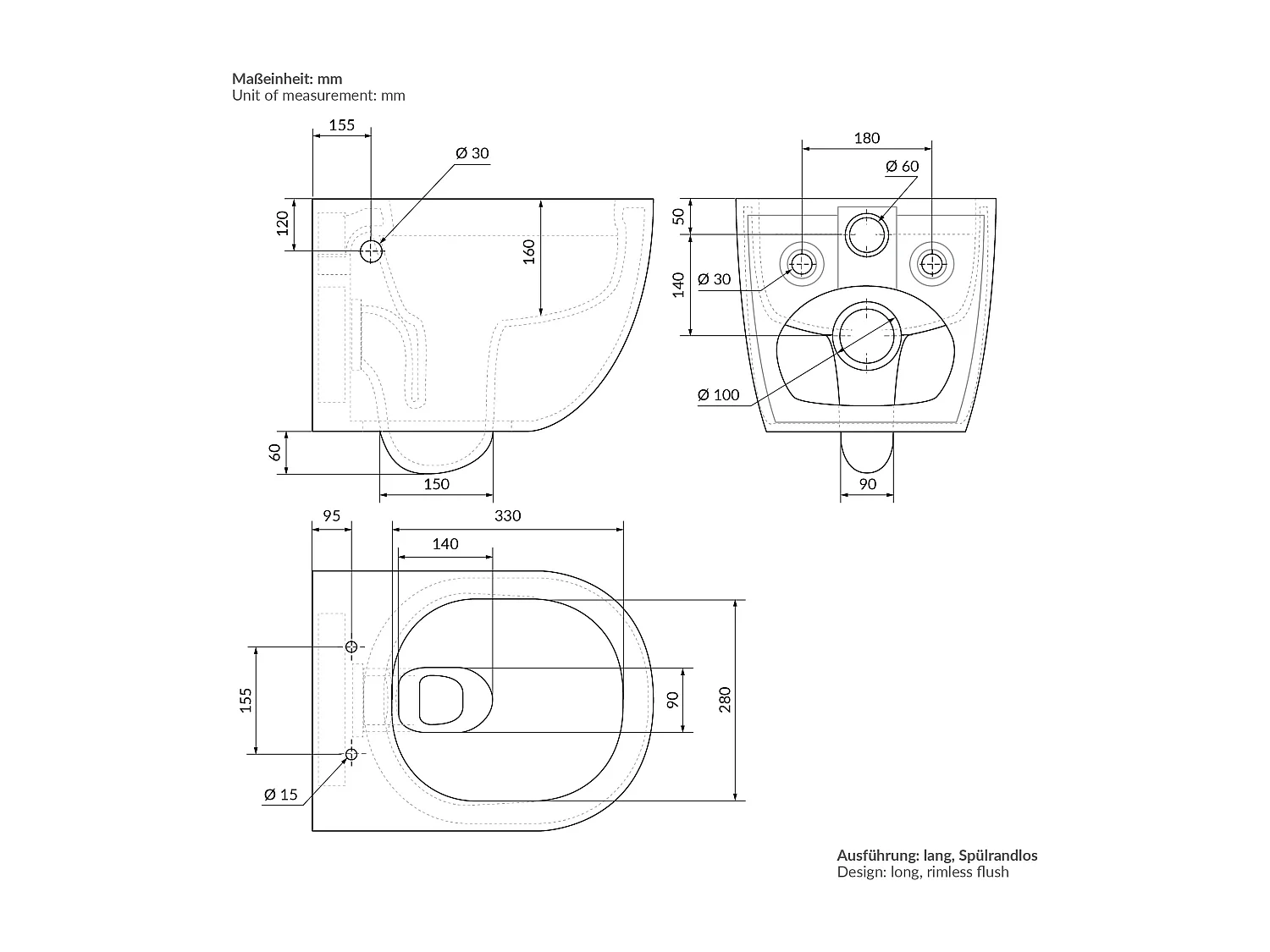 ECD Germany WC Suspendu sans Bride, Long 54 cm, Blanc, avec Fonction Bidet, Revêtement Nano, en Céramique, Abattant WC, Fermeture en Douceur, Chasse d'Eau