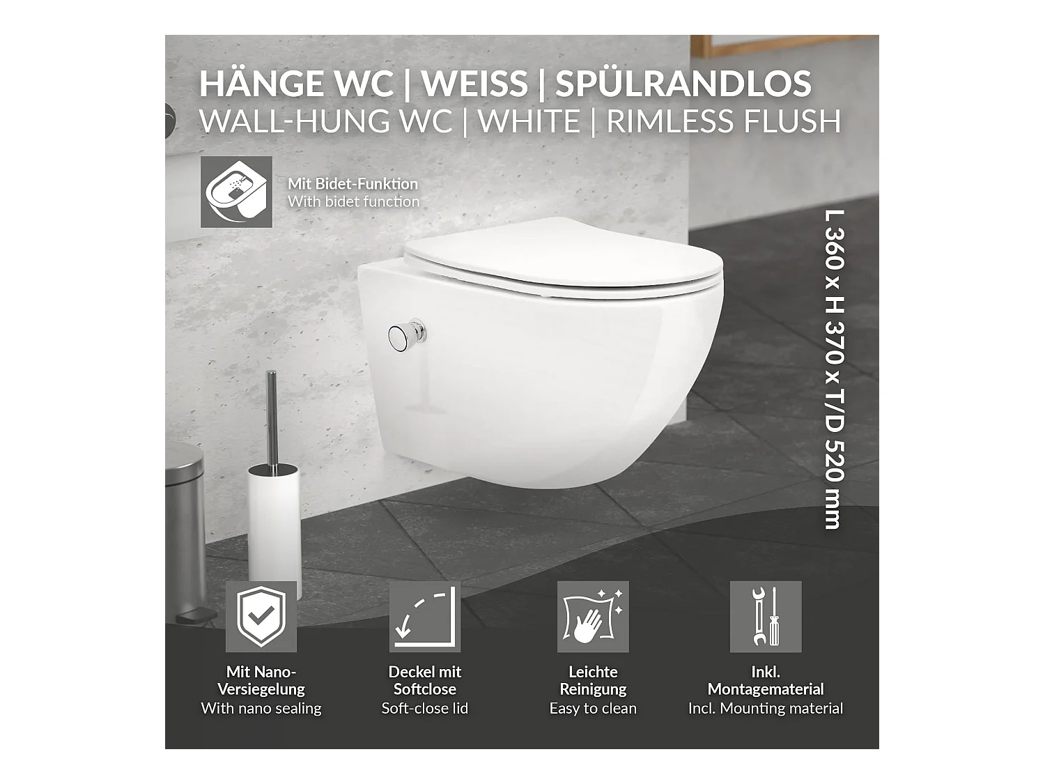 ECD Germany Inodoro suspendido sin brida, largo 52 cm, blanco, con función bidé, revestimiento Nano, de cerámica, tapa de inodoro, cierre suave, cisterna