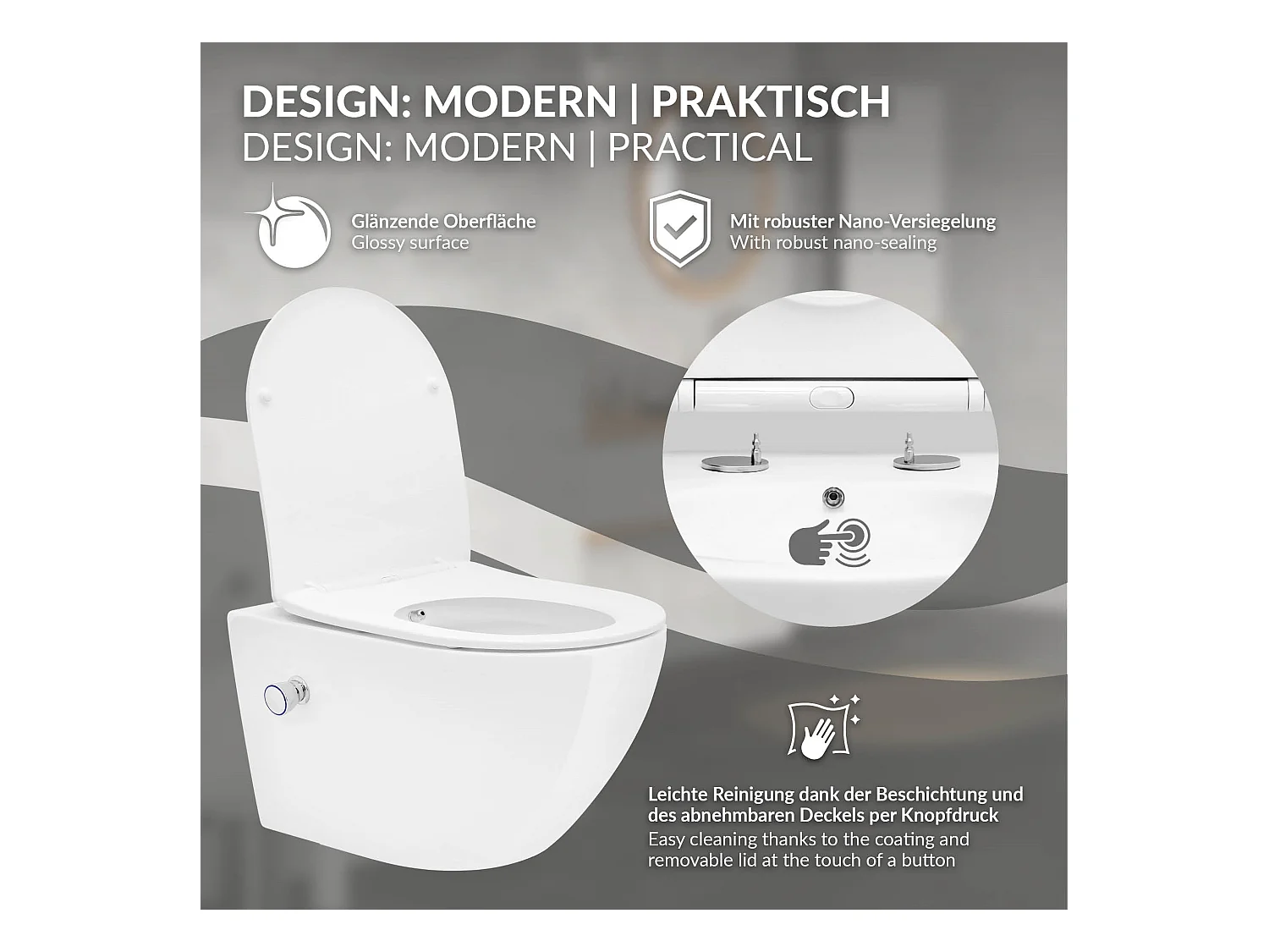 ECD Germany Inodoro suspendido sin brida, largo 52 cm, blanco, con función bidé, revestimiento Nano, de cerámica, tapa de inodoro, cierre suave, cisterna