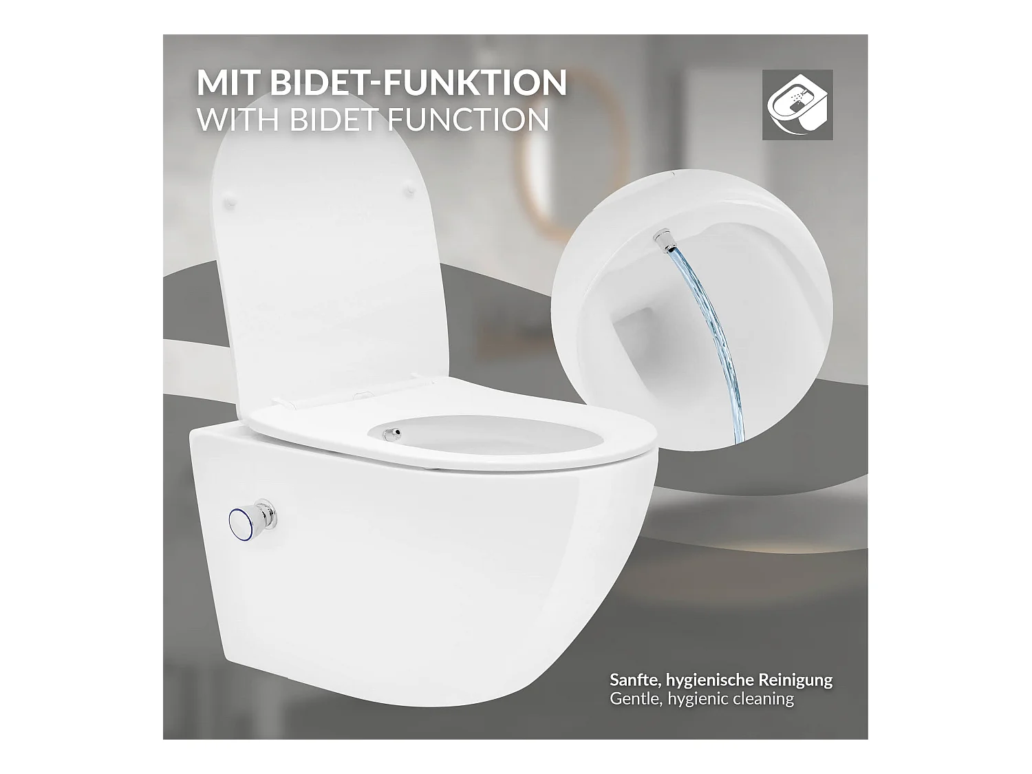 ECD Germany Inodoro suspendido sin brida, largo 52 cm, blanco, con función bidé, revestimiento Nano, de cerámica, tapa de inodoro, cierre suave, cisterna