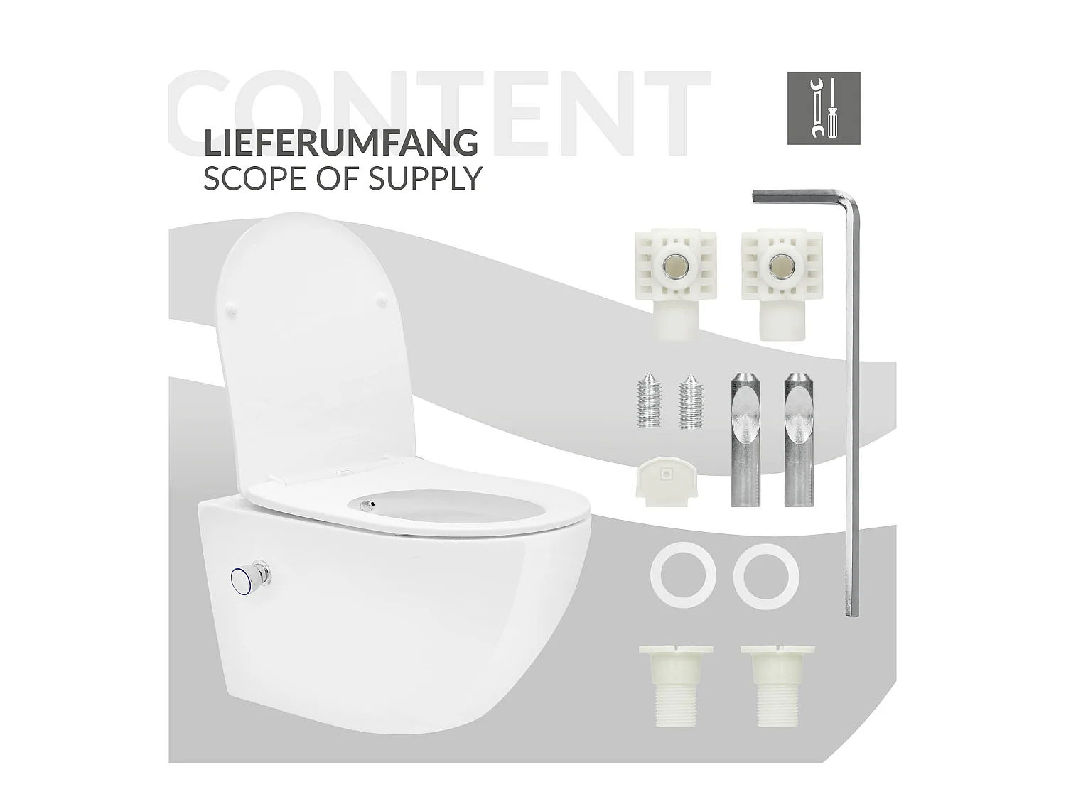 ECD Germany Inodoro suspendido sin brida, largo 52 cm, blanco, con función bidé, revestimiento Nano, de cerámica, tapa de inodoro, cierre suave, cisterna