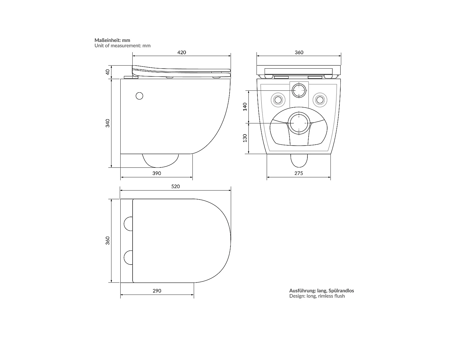 ECD Germany Inodoro suspendido sin brida, largo 52 cm, blanco, con función bidé, revestimiento Nano, de cerámica, tapa de inodoro, cierre suave, cisterna