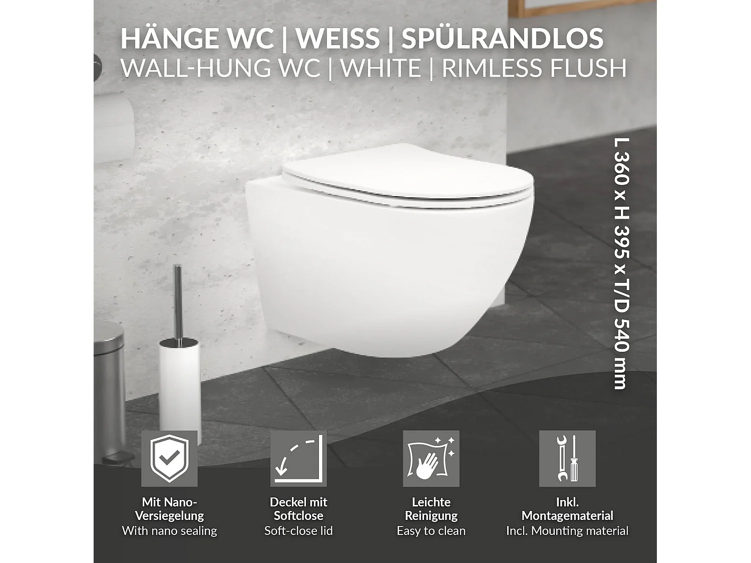 ECD Germany WC Suspendu sans Rebord en Céramique Blanc Mat, Revêtement Nano, Toilette Murale Suspendue Long 54 cm, avec Siège Softclose, Chasse d'Eau