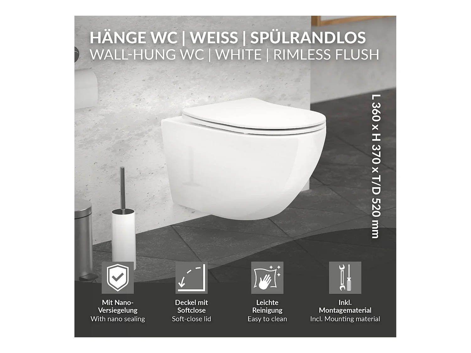 ECD Germany Inodoro suspendido sin borde de cerámica blanco, revestimiento Nano, inodoro suspendido de pared de 52 cm de largo, con asiento Softclose