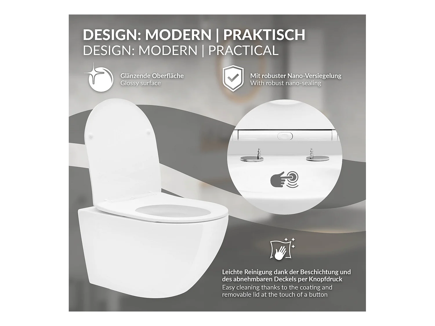 ECD Germany Inodoro suspendido sin borde de cerámica blanco, revestimiento Nano, inodoro suspendido de pared de 52 cm de largo, con asiento Softclose